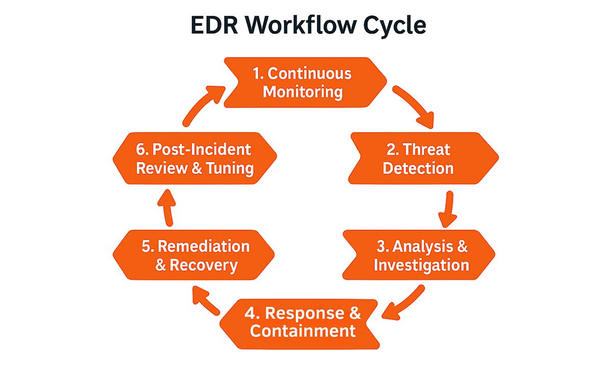 EDR Workflow Cycle Conceptual diagram illustrating the continuous EDR workflow cycle as a slowing, circular process, including all stages.